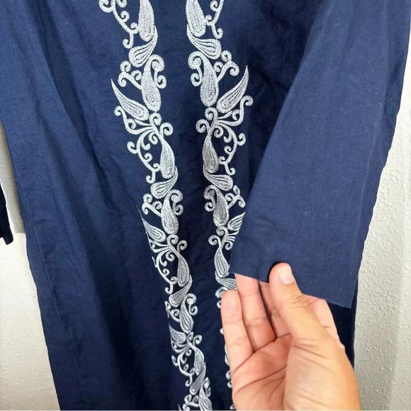 J Crew Navy Blue Embroidered Front Linen Cotton Blend Tunic Dress Coverup sz XS - Picture 4 of 9